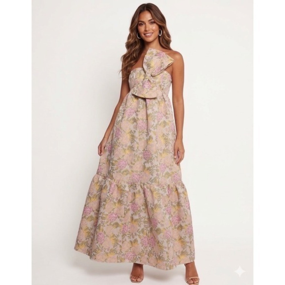 Petal and Pup Bettina Brocade One Shoulder Maxi Dress Pink Bow Tiered Size XL